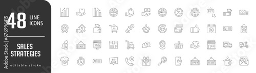 Sales StrategiesLine Editable stoke Icons set. Vector illustration in modern thin lineal icons types: hand receive shop bag, hand recieve money, new , discount, free  photo