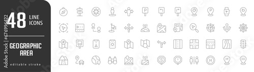 Geographic AreaLine Editable stoke Icons set. Vector illustration in modern thin lineal icons types: Nearby, Decision, Parking SIgn, Turn left, Medical center Location,  and more.