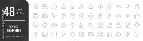Basic ElementsLine Editable stoke Icons set. Vector illustration in modern thin lineal icons types: Setting, Time, Upload, Download, Map,  and more. photo