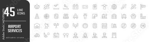 Airport ServicesLine Editable stoke Icons set. Vector illustration in modern thin lineal icons types: Airplane, Safety Belt, Take off, Flight informastion, Landing,  and more.