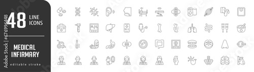 Medical InfirmaryLine Editable stoke Icons set. Vector illustration in modern thin lineal icons types: DNA, Pills, Bacteria, Ear, Throat, and more.