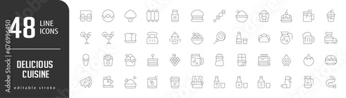 Delicious CuisineLine Editable stoke Icons set. Vector illustration in modern thin lineal icons types: Brocoli, Donut, Eggs, Bottle, Ribs,  and more.