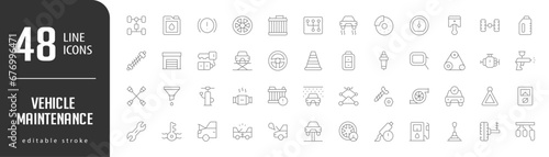 Auto Service Line Editable Icons set. Vector illustration in modern thin lineal icons types: , Rim, Manual Gear shift, Radiator, Disc Break, and more.