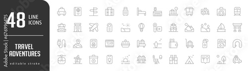Travel AdventuresLine Editable stoke Icons set. Vector illustration in modern thin lineal icons types: Passport, Taxi, Baggage, Sign Direction, Bed,  and more.