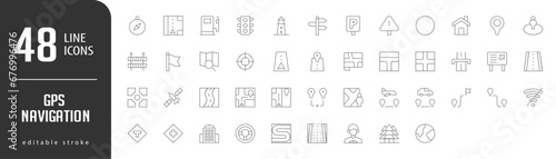 Location Line editable icons set. Vector illustration in modern thin lineal icons types: Compass, Gas Station, GPS Map, Parking, Radar, and more.