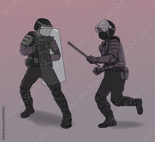 illustration of riot police, crowd control