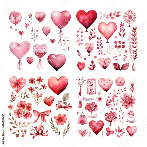 Watercolor valentine's ornament set. Hand drawn isolated on transparent background.