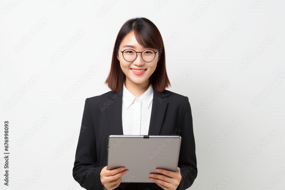 Image of young asian woman company worker in glasses smiling and holding digital tablet standing over white background, generative ai Image of young asian woman company worker in glasses smiling and holding digital tablet standing over white background, generative ai