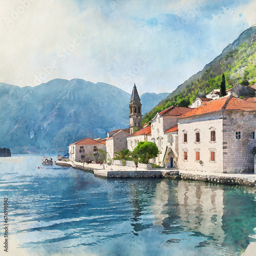 Historic town of Perast at Bay of Kotor in summer, Montenegro