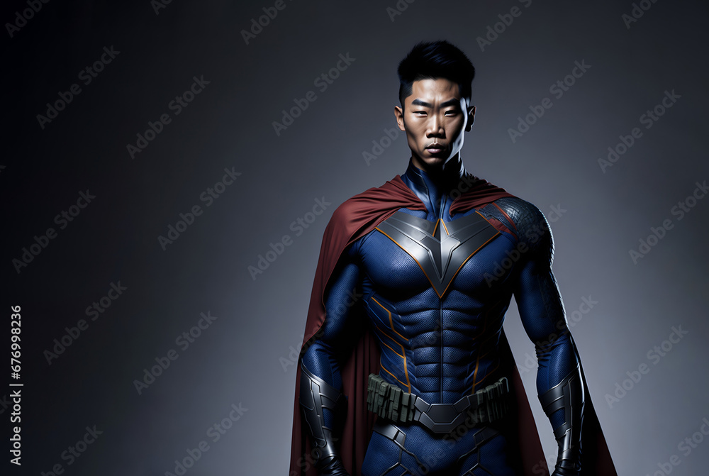 Asian man in superhero costume. Asiatic guy in super hero suit Asian man in superhero costume. Asiatic guy in super hero suit