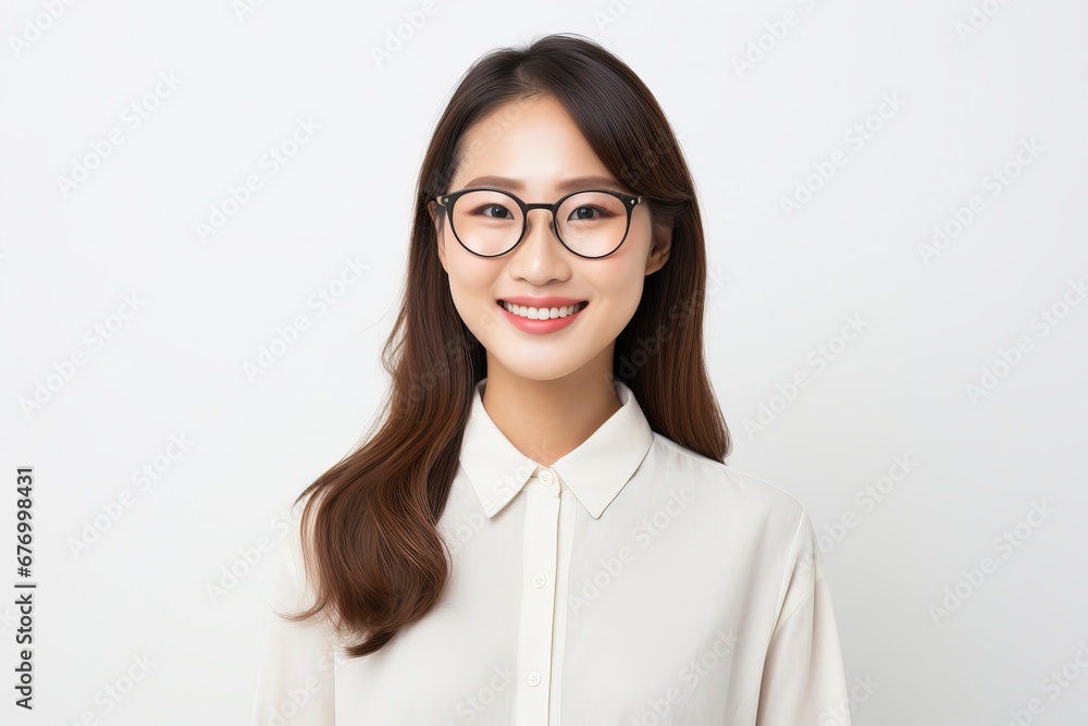 Image of young asian woman company worker in glasses smiling and holding digital tablet standing over white background, generative ai Image of young asian woman company worker in glasses smiling and holding digital tablet standing over white background, generative ai