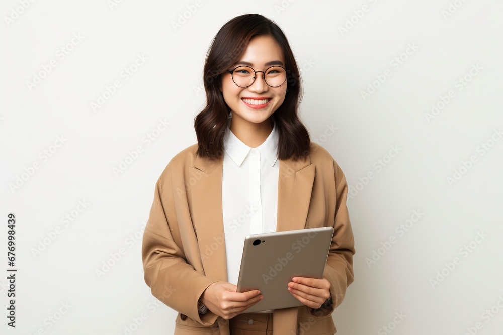 Image of young asian woman company worker in glasses smiling and holding digital tablet standing over white background, generative ai Image of young asian woman company worker in glasses smiling and holding digital tablet standing over white background, generative ai