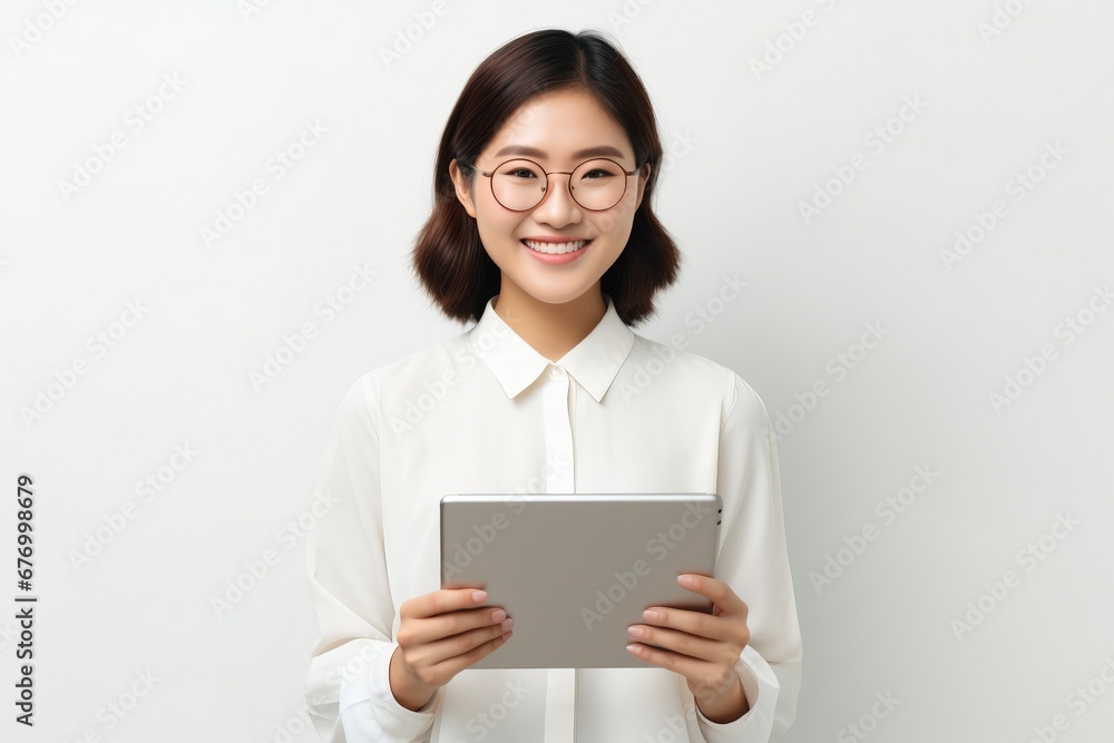 Image of young asian woman company worker in glasses smiling and holding digital tablet standing over white background, generative ai Image of young asian woman company worker in glasses smiling and holding digital tablet standing over white background, generative ai
