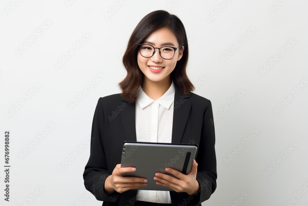 Image of young asian woman company worker in glasses smiling and holding digital tablet standing over white background, generative ai Image of young asian woman company worker in glasses smiling and holding digital tablet standing over white background, generative ai