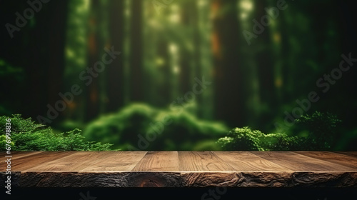 wooden table in the beautiful forest background with blurred background stock photo, wooden table in a forest with a view of the forest background, green and amber, bokeh backgrounds