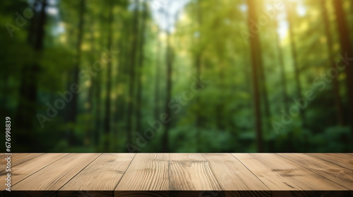 wooden table in the beautiful forest background with blurred background stock photo, wooden table in a forest with a view of the forest background, green and amber, bokeh backgrounds