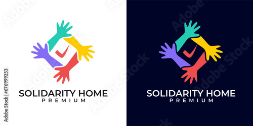 Teamwork logo design with connected hands symbol vector template. Kidsfun group hand logo. Hand with check logo. Vector logo of unity, business, community, kids, hands, solidarity.