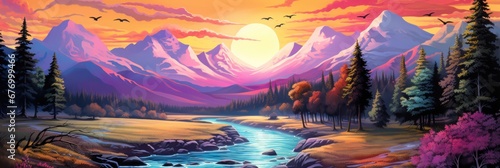 mountain landscape painting sunset, in the style of coloristic intensity, generative AI