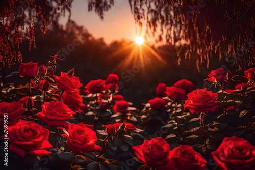 Red Roses Flowers blooming in Fantasy magical enchanted garden, fairytale floral grove on mysterious evening dusk background with sunset light in golden hour, symmetric panoramic wide banner. 