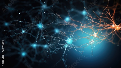 Glowing neuron cells illustrating information transmitting in the brain