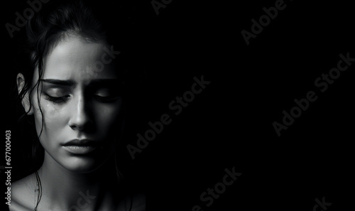 black and white portrait of a woman cry