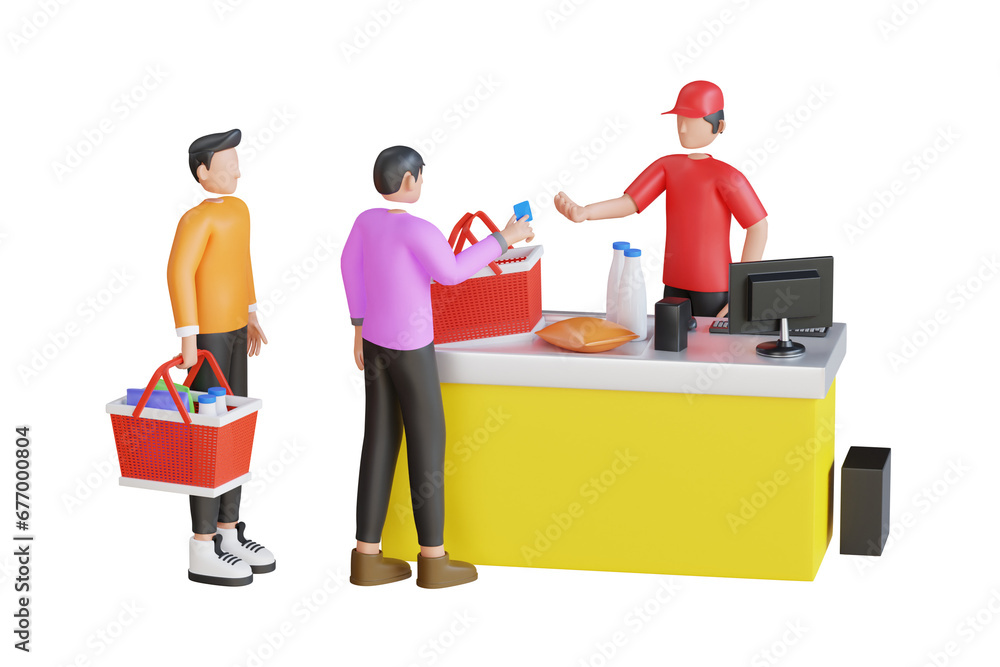 3d illustration of people standing in queue at store checkout counter. People in grocery store waiting to pay at cashier. Shopping Queue in Grocery market 3d Illustration 3d illustration of people standing in queue at store checkout counter. People in grocery store waiting to pay at cashier. Shopping Queue in Grocery market 3d Illustration