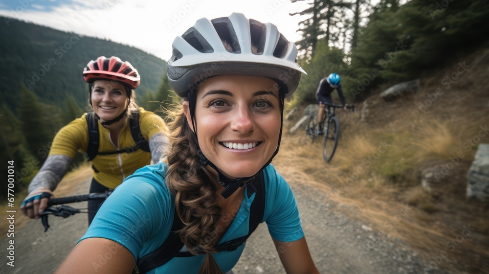 A beautiful female cyclist taking a selfie while cycling with pine trees and hills in the background. A beautiful female cyclist taking a selfie while cycling with pine trees and hills in the background.