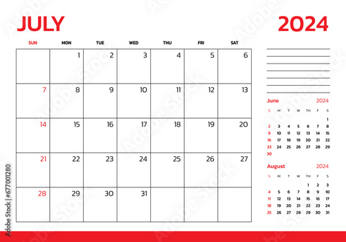 July 2024 Calendar. Week start on Sunday. Desk calendar 2024 design, simple and clean design, Wall calendar for print, digital calendar, Corporate design planner template vector.