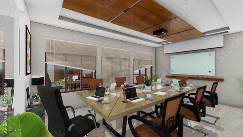 Modern conference room with empty chalkboard with city view. Mock up, 3D Rendering © Agusta