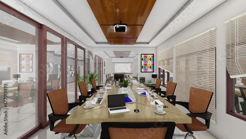 Modern conference room with empty chalkboard with city view. Mock up, 3D Rendering
