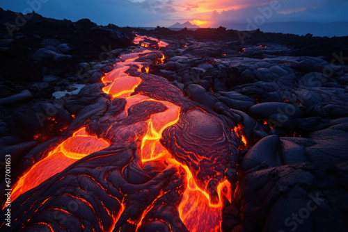 Illustration of lava flowing on cooling rocks, Hawaii, but could be anywhere