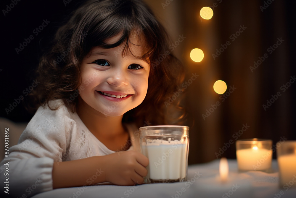 A happy little girl feeling happy enjoying drinking milk before going to bed. A happy little girl feeling happy enjoying drinking milk before going to bed.