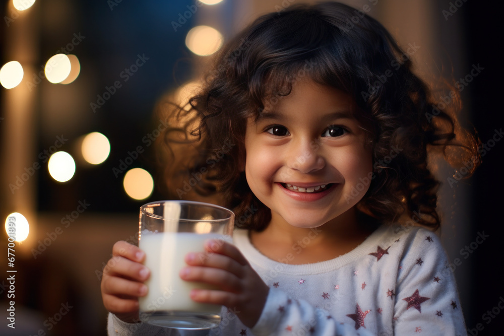 A happy little girl feeling happy enjoying drinking milk before going to bed. A happy little girl feeling happy enjoying drinking milk before going to bed.