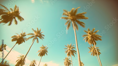 palm tree and sky, Blue sky and palm trees view from below vintage style © Planetz