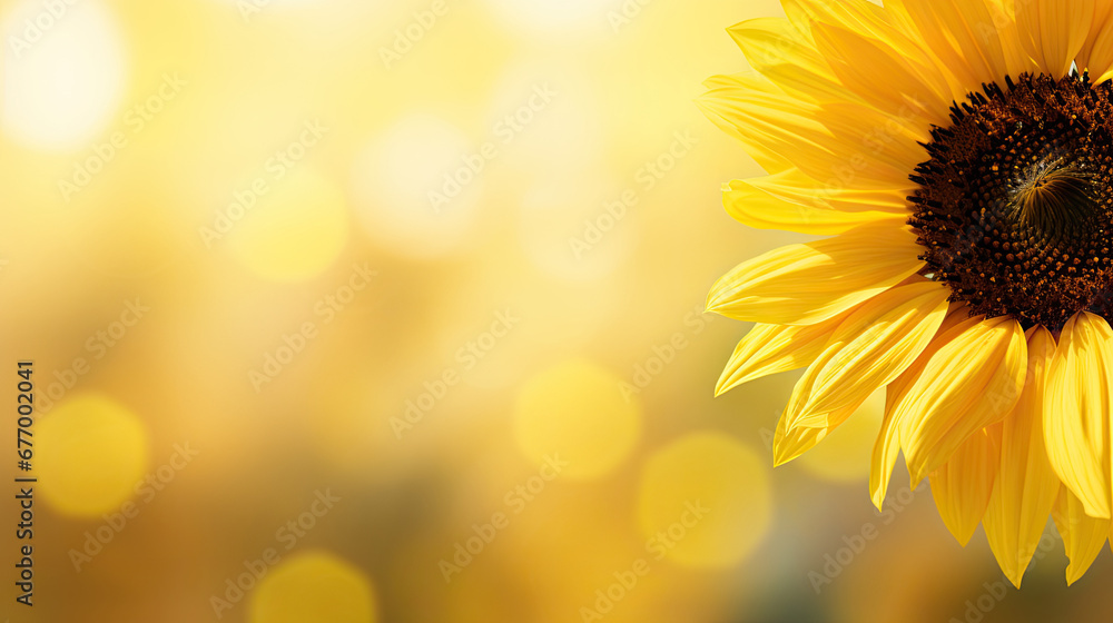 Obraz premium Sunflowers on a yellow background. Copy space. Top view