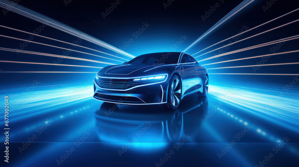Automotive innovation and technology concepts. EV car with motion lighting. - obrazy, fototapety, plakaty 