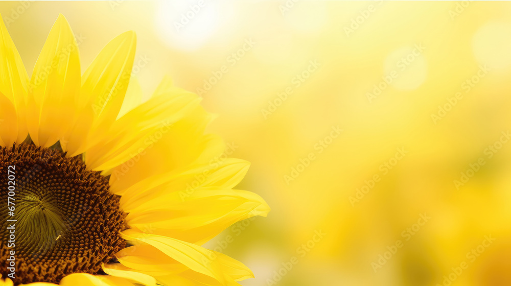 Obraz premium Sunflowers on a yellow background. Copy space. Top view