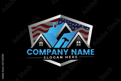High quality colorful home repair, roofing, remodeling, handyman, home renovation, decor logo	