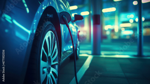 Automotive innovation and technology concepts, Power supply connected to electric vehicle charge battery. EV charging station for electric car or Plug-in hybrid car.