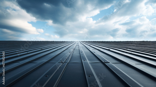 Black Roof metal sheet with a sky with clouds background.
