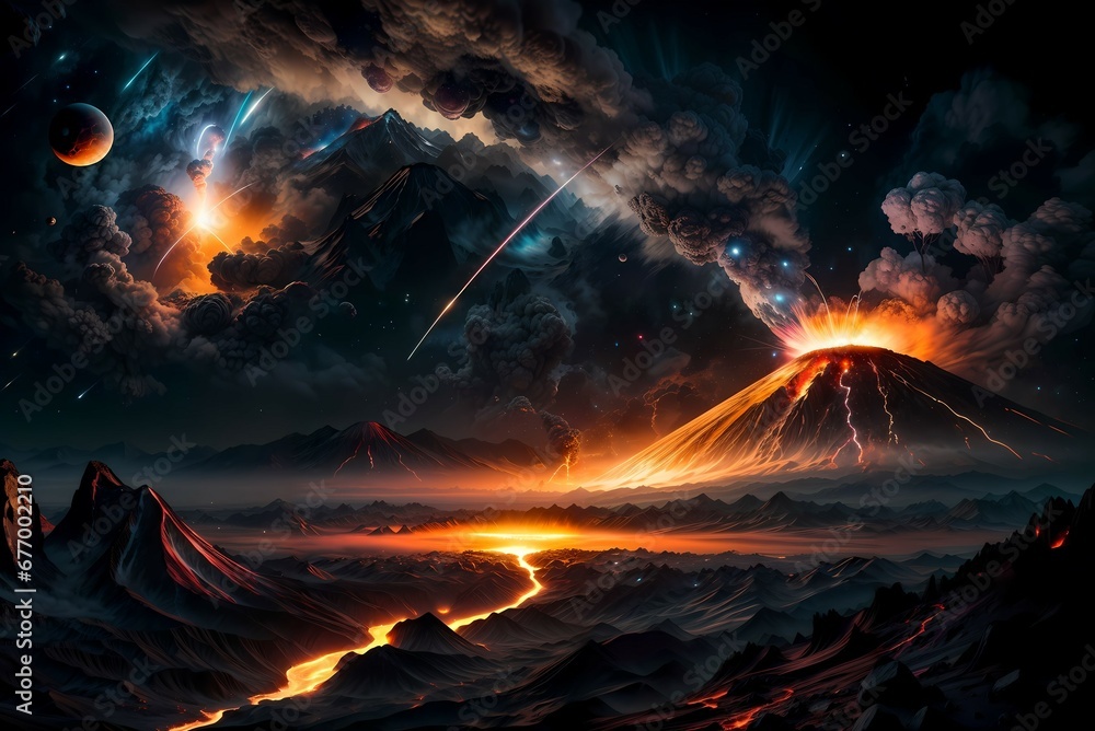Volcano eruption, dramatic scenery of lava, fumes and celestial objects - obrazy, fototapety, plakaty 