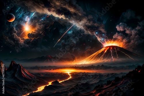 Volcano eruption, dramatic scenery of lava, fumes and celestial objects