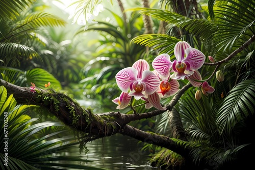 Two pink orchid blossoms surrounded by lush greenery photo