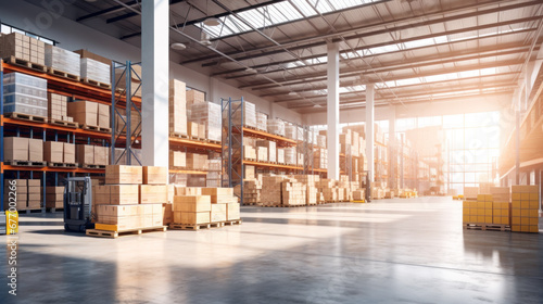 Large Warehouse, Product distribution center, Retail warehouse full of shelves with goods in cartons, with pallets and forklifts. Logistics and transportation concept. photo