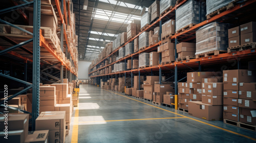 Large Warehouse, Product distribution center, Retail warehouse full of shelves with goods in cartons, with pallets and forklifts. Logistics and transportation concept.