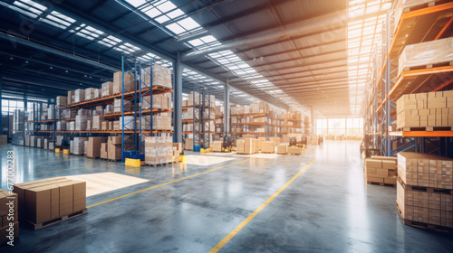 Large Warehouse, Product distribution center, Retail warehouse full of shelves with goods in cartons, with pallets and forklifts. Logistics and transportation concept. © Wararat