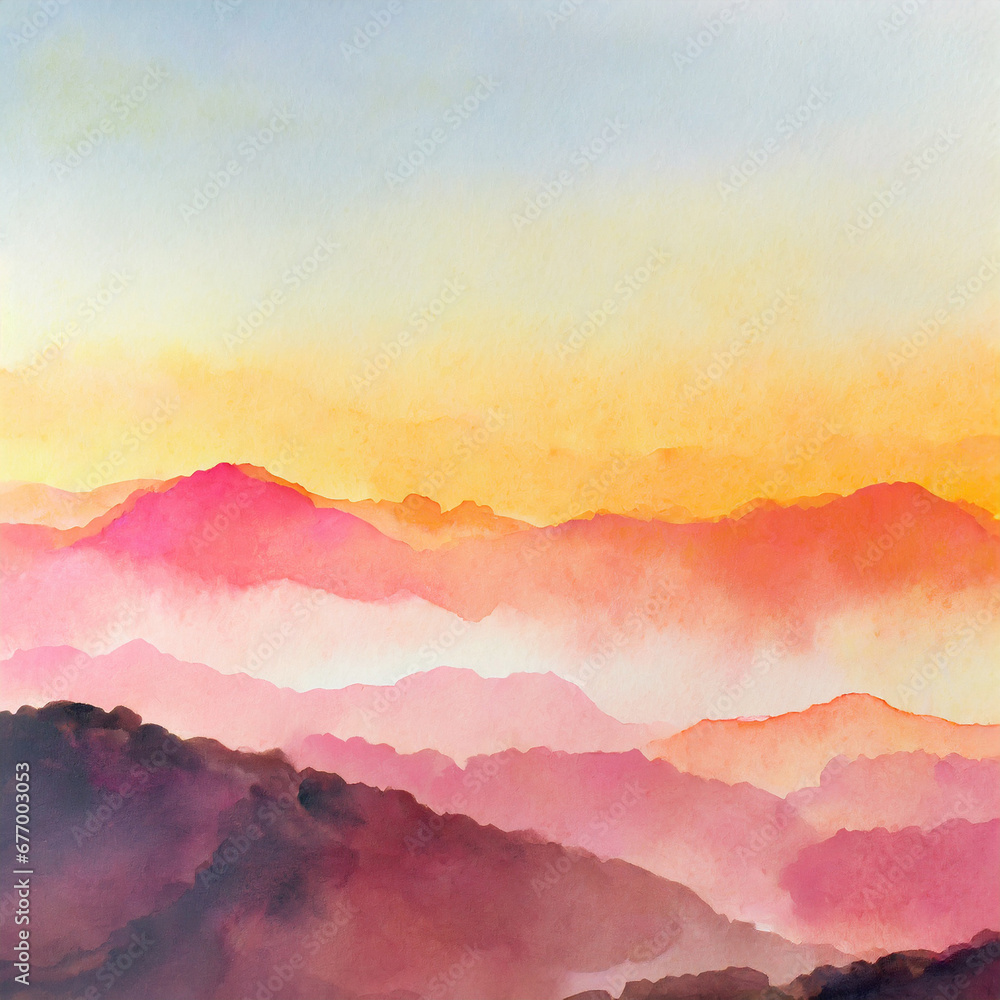 Top view of the sunset is getting disappearing in the sky. Clouds are orange yellow and pink with colorfull. There are many layers of mountains below. The idea for natural wallpaper with copy space
