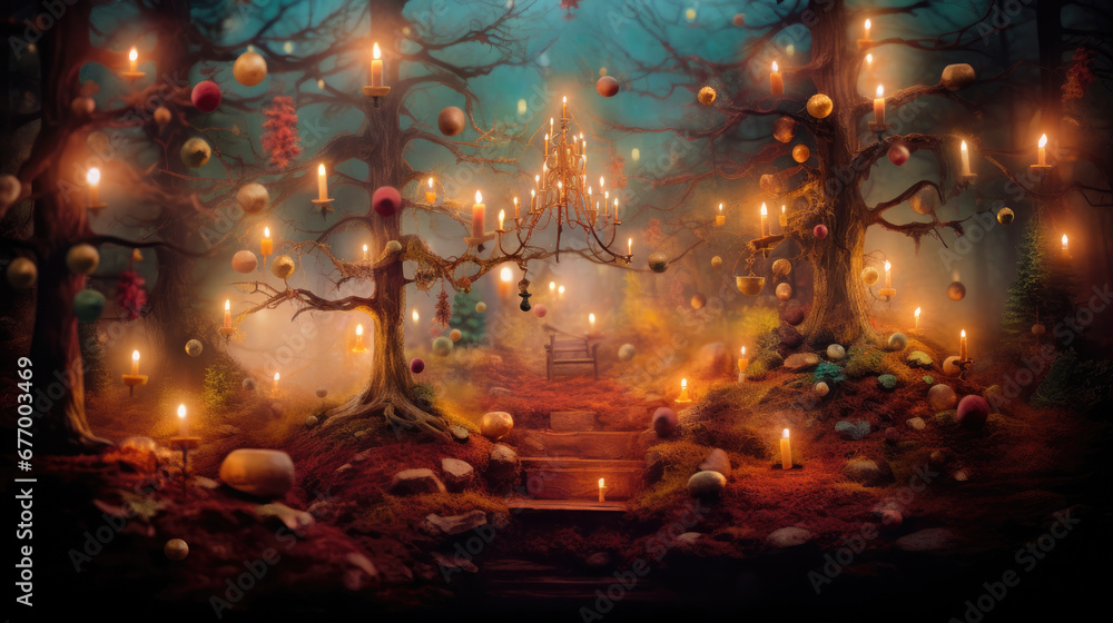 christmas tree with lights, Magical forest with christmas trees and glowing lights christmas tree with lights, Magical forest with christmas trees and glowing lights