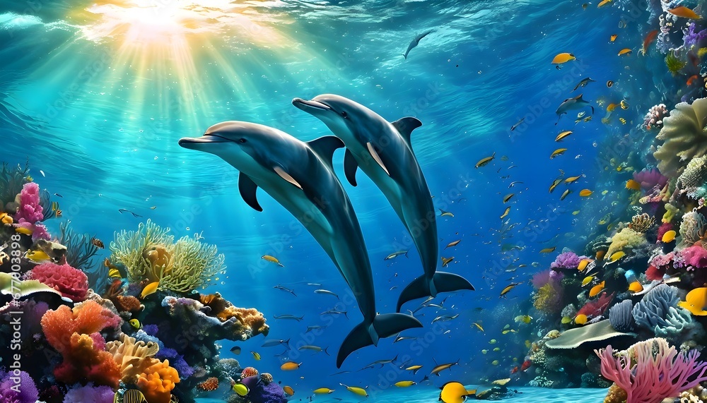 scene with fishes/dolphins and fish under the sea Generated Ai Stock ...