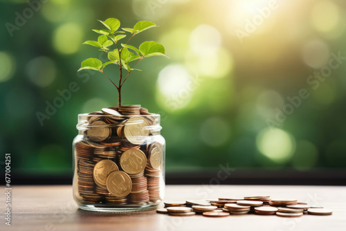 Tree grows on coins in glass jar, Generative AI. Saving money and finances and Green business growth concept.